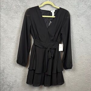 Japna Black Layered Long Sleeve Dress Sheer Sleeves Organza Size M NWT